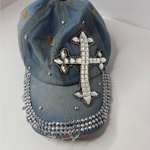 Embellished Denim Cap with Cross Design